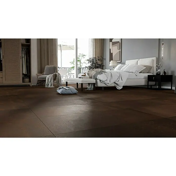 Feinsteinzeugfliese Metallo Rame - 60 x 120 cm, Kupfer, Matt - Schlafzimmer mit modernem Design und braunem Bodenbelag, der eine warme Atmosphäre verleiht.