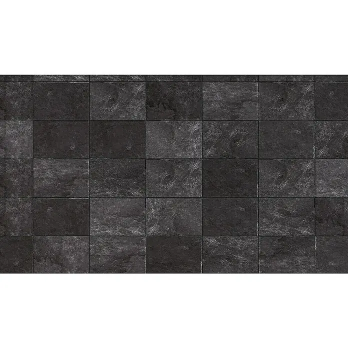 Terrassenfliese Cera 2.0 - 40,8 x 60,1 x 2 cm, Antiquus Carbon, Matt - Nahtloses Muster aus dunklen quadratischen Steinplatten, ideal für Texturen und Hintergründe. Robuste und elegante Oberfläche für vielfältige Anwendungen.