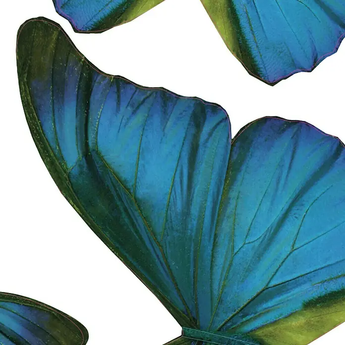 Vinilo de pared 3D Mariposa - 14 x 11 cm, Azul/Negro, Plástico - Primer plano de alas de mariposa Morpho azules brillantes, que destacan los colores vibrantes y los detalles intrincados de estas magníficas criaturas.