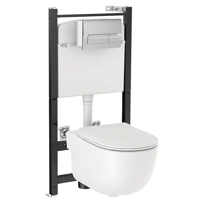 Roca Set WC suspendido Teras - Sin borde de descarga, Blanco - Inodoro suspendido con cisterna empotrada y placa de descarga en blanco y gris. El asiento está cerrado.