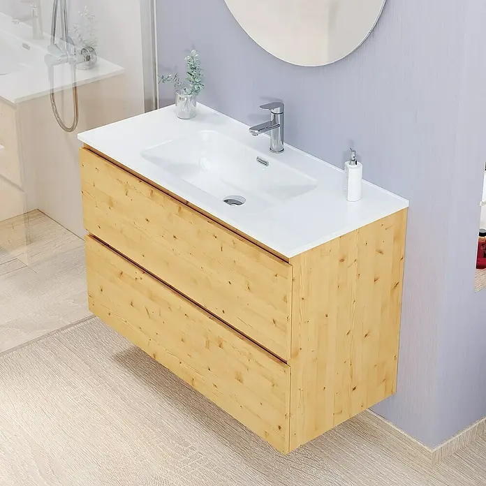 Artysan Conjunto de mueble de baño Kira - Ancho: 100 cm, Pino, 3 pzs. - Un tocador moderno con dos cajones y una encimera blanca con lavabo, ideal para cualquier baño.