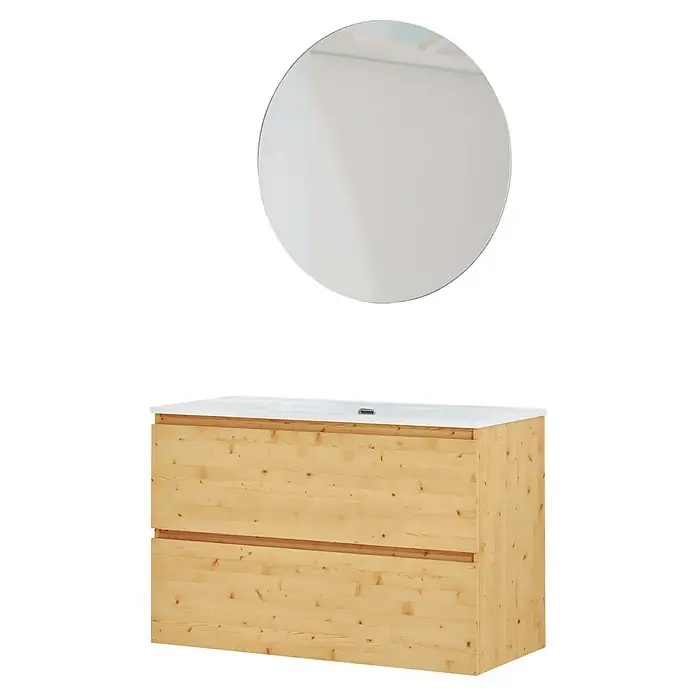 Artysan Conjunto de mueble de baño Kira - Ancho: 100 cm, Pino, 3 pzs. - Lavabo de madera con espejo redondo. El conjunto de baño presenta madera clara y un espejo redondo para un aspecto elegante.