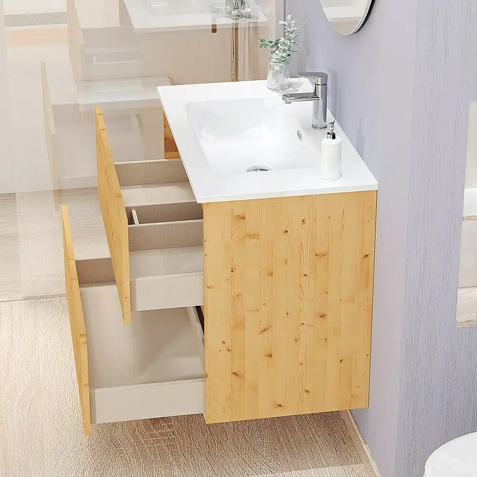 Artysan Conjunto de mueble de baño Kira - Ancho: 100 cm, Pino, 3 pzs. - Un mueble de baño de madera clara con cajones abiertos, que muestra un diseño moderno de muebles de baño.