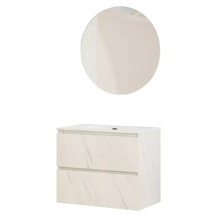 Artysan Conjunto de mueble de baño Kira - Ancho: 80 cm, Blanco piedra, 3 pzs. - Esta imagen muestra un mueble de baño con efecto mármol y un espejo redondo. El mueble de baño tiene un diseño moderno y elegante.