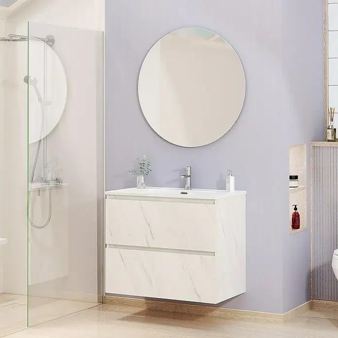 Artysan Conjunto de mueble de baño Kira - Ancho: 80 cm, Blanco piedra, 3 pzs. - Un baño con un mueble de lavabo con efecto mármol y un espejo redondo en la pared.