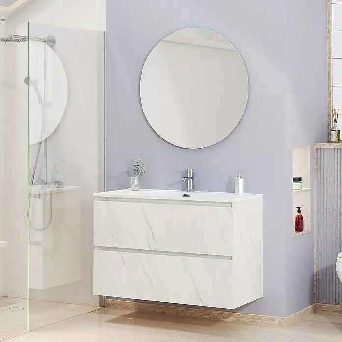 Artysan Conjunto de mueble de baño Kira - Ancho: 100 cm, Blanco piedra, 3 pzs. - Un moderno tocador de baño en blanco con efecto mármol, que combina elegancia y funcionalidad. El diseño de espejo redondo es llamativo.