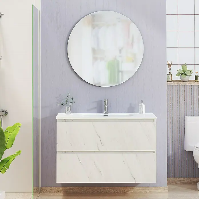 Artysan Conjunto de mueble de baño Kira - Ancho: 100 cm, Blanco piedra, 3 pzs. - Un baño moderno con tocador de mármol y espejo redondo en una pared lila.