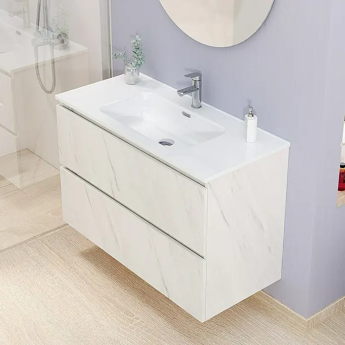 Artysan Conjunto de mueble de baño Kira - Ancho: 100 cm, Blanco piedra, 3 pzs. - Mueble de baño moderno con armario de mármol blanco y lavabo sobre encimera, perfecto para una decoración elegante.
