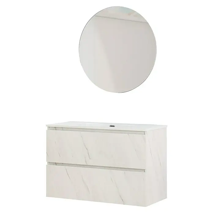 Artysan Conjunto de mueble de baño Kira - Ancho: 100 cm, Blanco piedra, 3 pzs. - Imagen de un mueble de baño con aspecto de mármol con espejo redondo, que ofrece un diseño moderno y elegante para el espacio del baño.