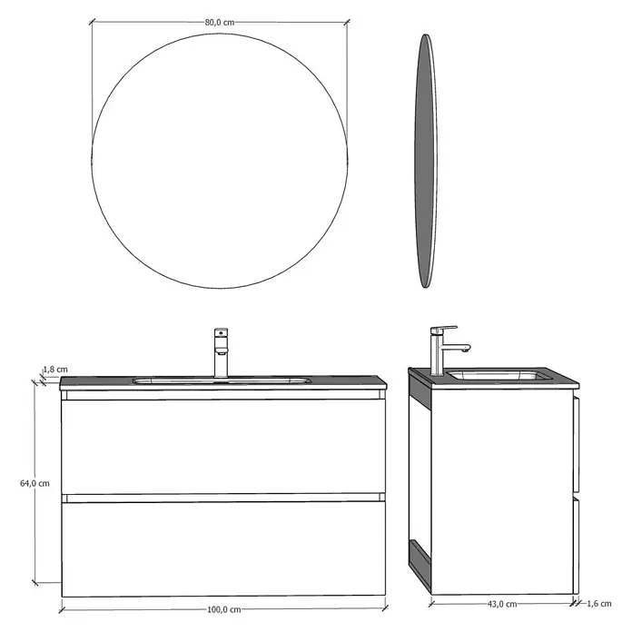 Artysan Conjunto de mueble de baño Kira - Ancho: 100 cm, Pino, 3 pzs. - Combinación de baño con mueble de lavabo y espejo redondo con dimensiones.