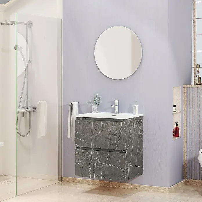 Artysan Conjunto de mueble de baño Kira - Ancho: 60 cm, Gris Piedra, 3 pzs. - Baño moderno con un lavabo de mármol gris, espejo redondo y ducha elegante para un ambiente lujoso y contemporáneo.