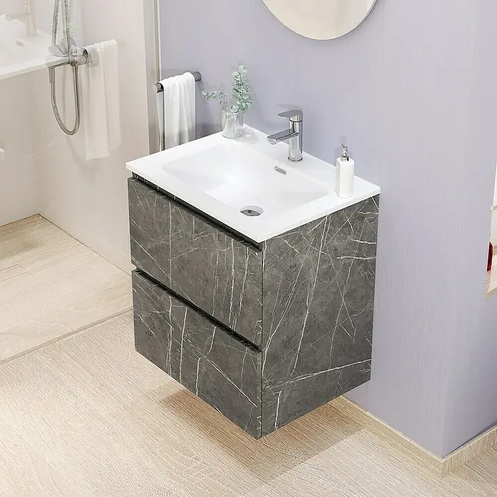 Artysan Conjunto de mueble de baño Kira - Ancho: 60 cm, Gris Piedra, 3 pzs. - Elegante lavabo con mueble bajo lavabo con aspecto de mármol y diseño moderno para baños, con elegante grifo y dispensador de jabón.
