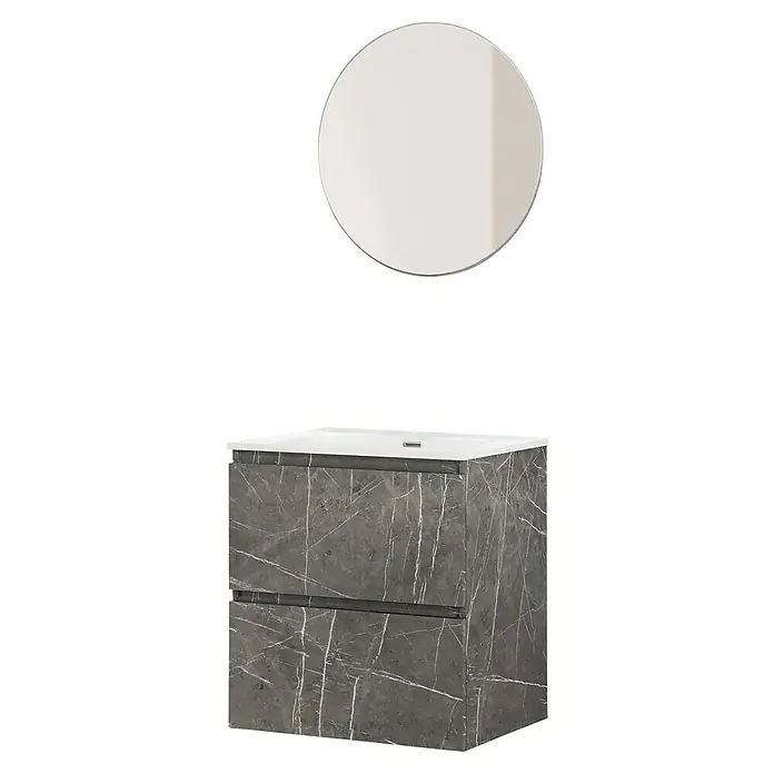 Artysan Conjunto de mueble de baño Kira - Ancho: 60 cm, Gris Piedra, 3 pzs. - Un moderno conjunto de baño con un tocador de mármol gris y un espejo redondo. Elegantes muebles de baño para un ambiente sofisticado.