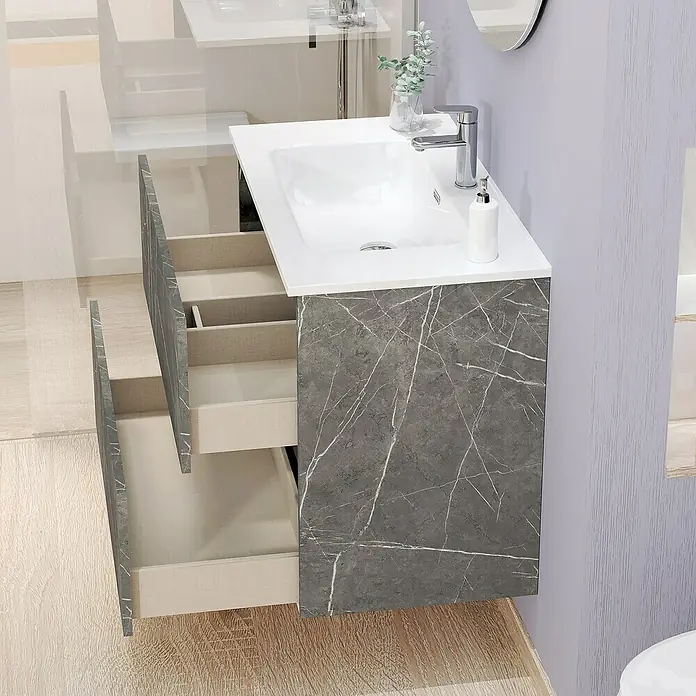 Artysan Conjunto de mueble de baño Kira - Ancho: 60 cm, Gris Piedra, 3 pzs. - Lavabo moderno con textura de mármol y cajones abiertos para un diseño de baño elegante.