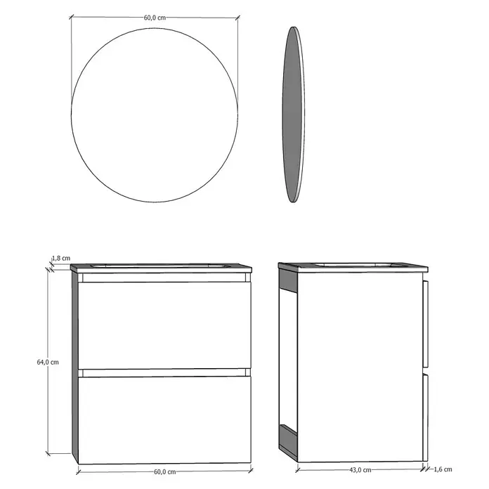 Artysan Conjunto de mueble de baño Kira - Ancho: 60 cm, Gris Piedra, 3 pzs. - Vista del producto: un mueble de baño con dos cajones y un espejo redondo.