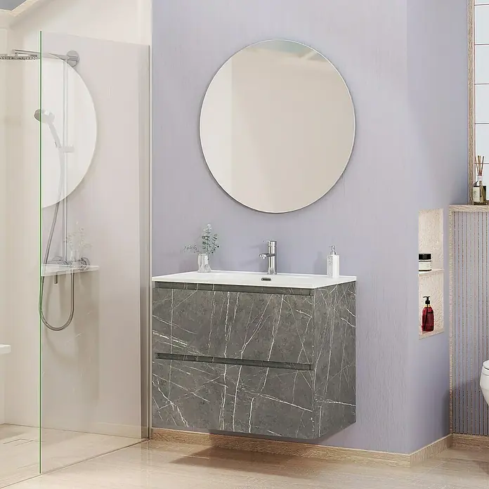 Artysan Conjunto de mueble de baño Kira - Ancho: 80 cm, Gris Piedra, 3 pzs. - Mueble de baño de mármol gris con dos cajones y espejo redondo para un diseño de baño moderno.