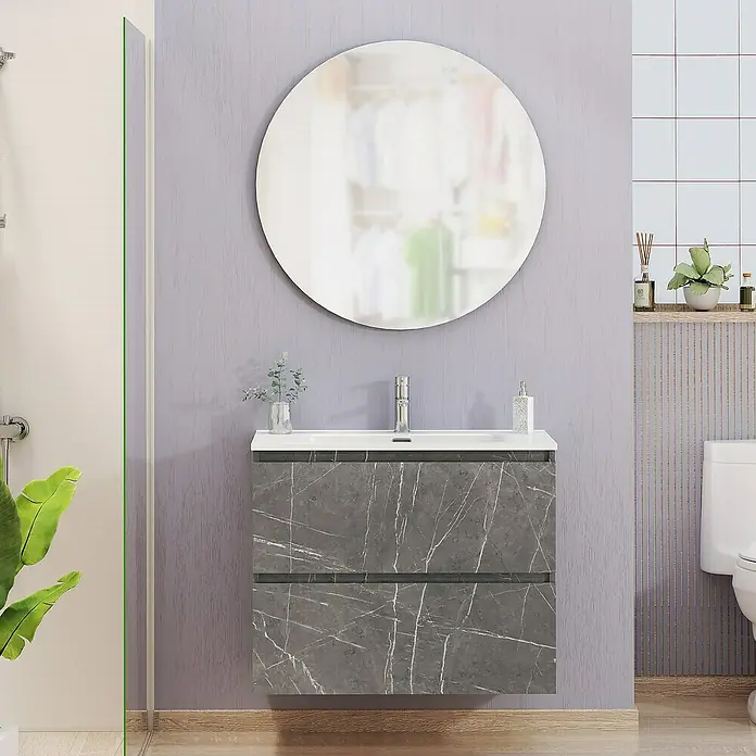 Artysan Conjunto de mueble de baño Kira - Ancho: 80 cm, Gris Piedra, 3 pzs. - Mueble de baño gris marmoleado con lavabo y espejo redondo para un ambiente de baño elegante.