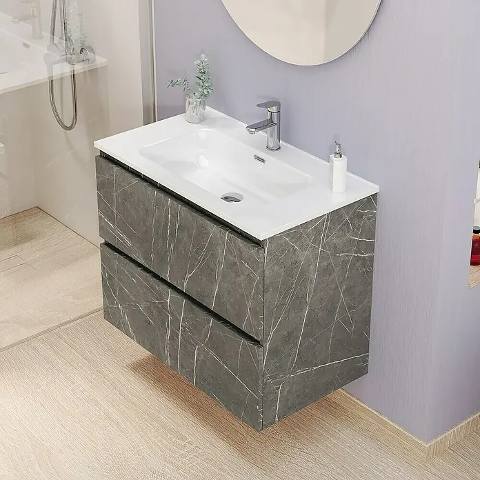 Artysan Conjunto de mueble de baño Kira - Ancho: 80 cm, Gris Piedra, 3 pzs. - Un moderno mueble de baño con textura de mármol y dos cajones, ideal para baños elegantes.