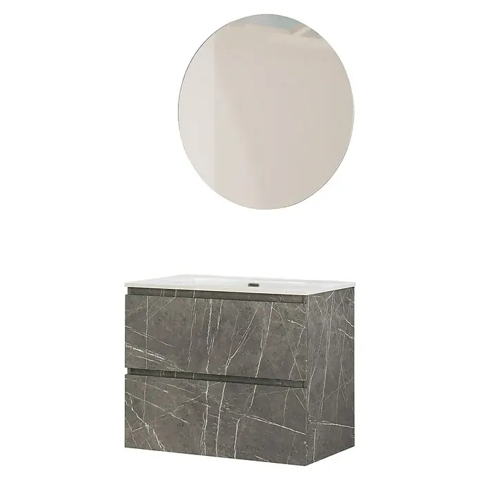Artysan Conjunto de mueble de baño Kira - Ancho: 80 cm, Gris Piedra, 3 pzs. - Conjunto de baño moderno con mueble de lavabo con efecto mármol y espejo redondo, ideal para un baño elegante.