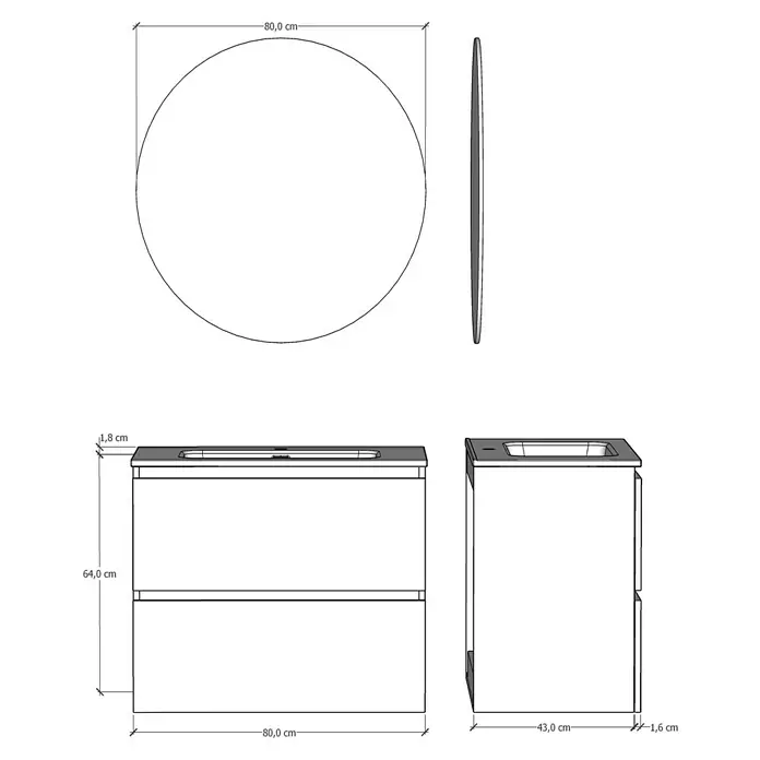 Artysan Conjunto de mueble de baño Kira - Ancho: 80 cm, Gris Piedra, 3 pzs. - Ilustración de un mueble de baño con espejo redondo, incluyendo dimensiones para una descripción precisa.