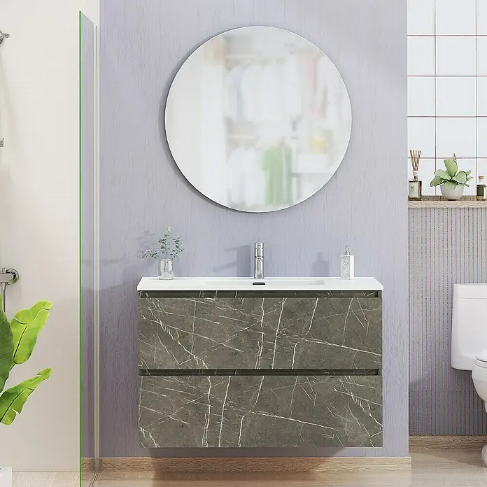 Artysan Conjunto de mueble de baño Kira - Ancho: 100 cm, Gris Piedra, 3 pzs. - Baño moderno con lavabo de mármol gris, espejo redondo y grifo. El mueble ofrece un elegante almacenamiento.