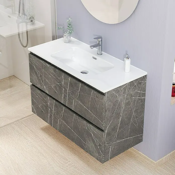 Artysan Conjunto de mueble de baño Kira - Ancho: 100 cm, Gris Piedra, 3 pzs. - Mueble de baño moderno con estructura de mármol y lavabo blanco, ideal para baños con estilo.