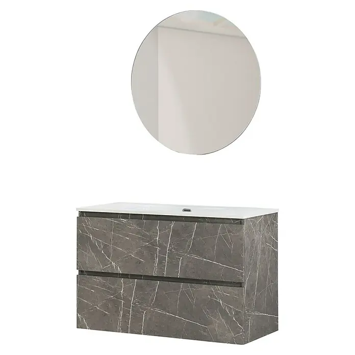 Artysan Conjunto de mueble de baño Kira - Ancho: 100 cm, Gris Piedra, 3 pzs. - Elegante conjunto de baño con un tocador de mármol gris y un espejo redondo para un aspecto moderno.