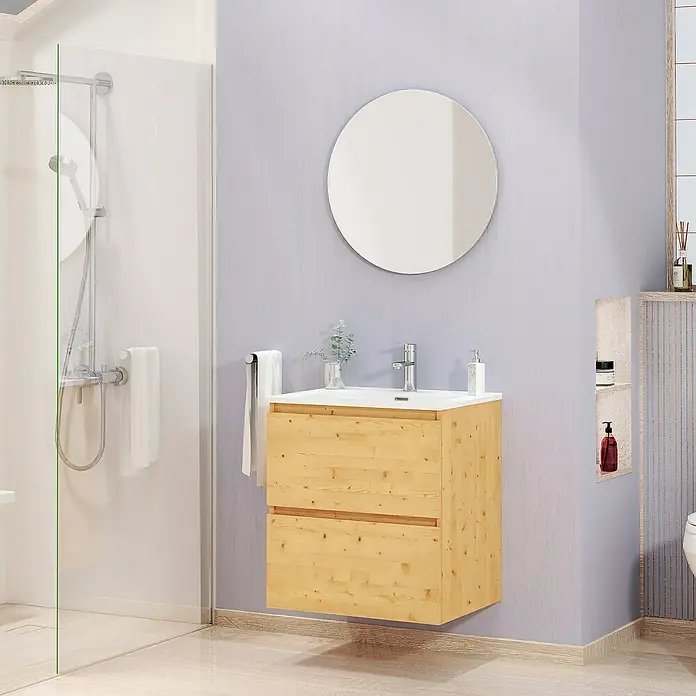 Artysan Conjunto de mueble de baño Kira - Ancho: 60 cm, Pino, 3 pzs. - Un baño moderno con tocador de madera, espejo redondo y cabina de ducha.