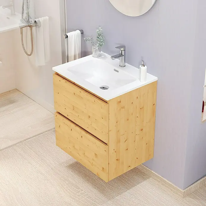 Artysan Conjunto de mueble de baño Kira - Ancho: 60 cm, Pino, 3 pzs. - Primer plano de un moderno mueble de baño con dos cajones y un lavabo blanco.
