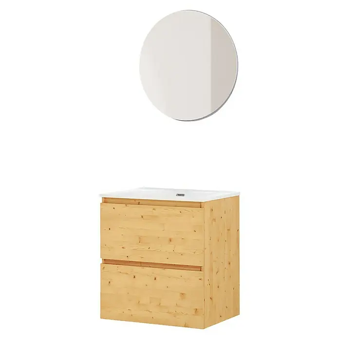 Artysan Conjunto de mueble de baño Kira - Ancho: 60 cm, Pino, 3 pzs. - Lavabo de madera clara con placa blanca y espejo redondo. El lavabo tiene dos cajones y una forma sencilla y moderna.