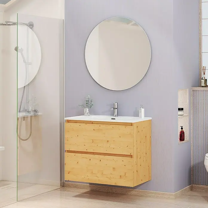 Artysan Conjunto de mueble de baño Kira - Ancho: 80 cm, Pino, 3 pzs. - Lavabo de baño moderno con frente de madera, espejo redondo y ducha.
