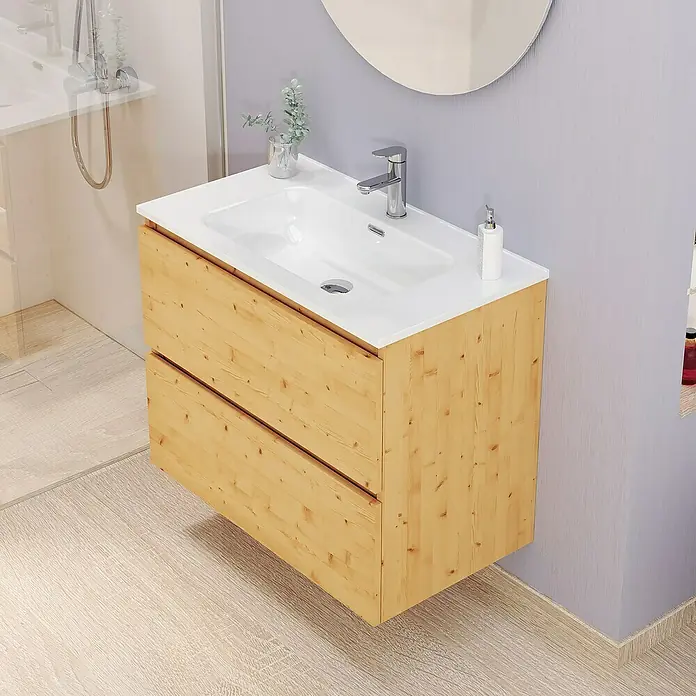Artysan Conjunto de mueble de baño Kira - Ancho: 80 cm, Pino, 3 pzs. - Un moderno lavabo de baño con un armario de madera y una tapa blanca, ideal para añadir estilo a cualquier decoración.