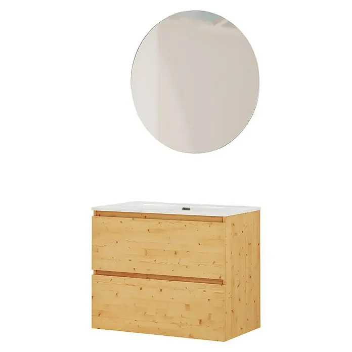 Artysan Conjunto de mueble de baño Kira - Ancho: 80 cm, Pino, 3 pzs. - Un mueble de lavabo de madera clara con un espejo redondo encima. El diseño es sencillo y moderno, perfecto para cualquier reforma de baño.