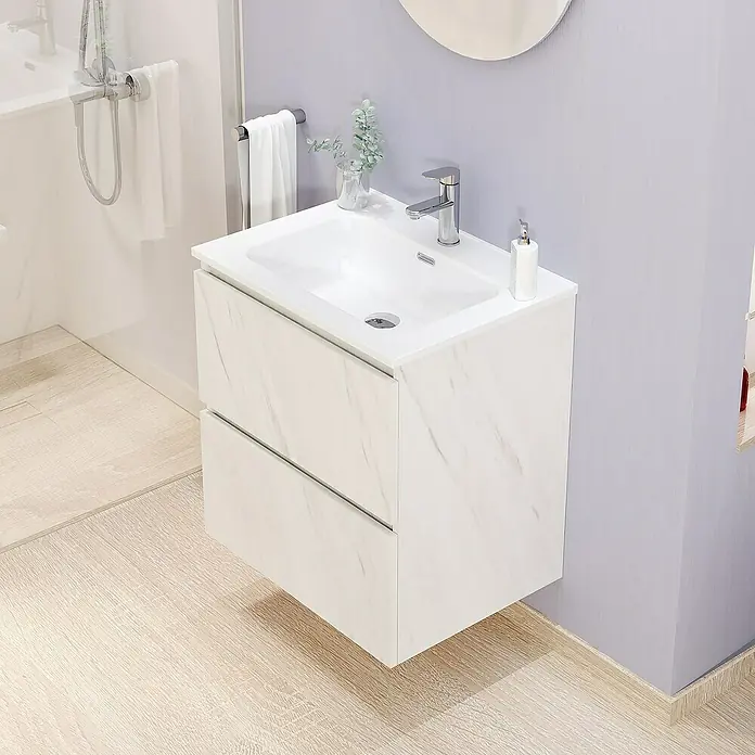 Artysan Conjunto de mueble de baño Kira - Ancho: 60 cm, Blanco piedra, 3 pzs. - Un moderno mueble de baño con acabado efecto mármol y dos cajones, completo con lavabo, grifo y accesorios.