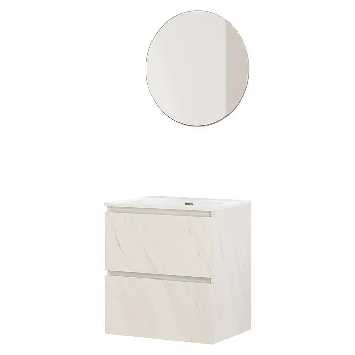 Artysan Conjunto de mueble de baño Kira - Ancho: 60 cm, Blanco piedra, 3 pzs. - Conjunto de baño con mueble bajo lavabo con aspecto de mármol y espejo redondo con marco plateado.