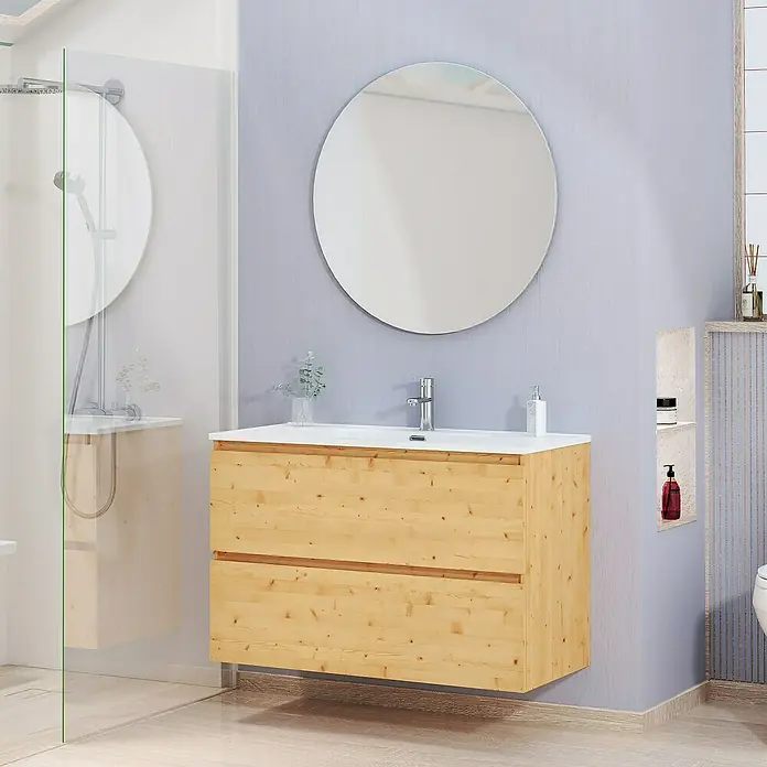 Artysan Conjunto de mueble de baño Kira - Ancho: 100 cm, Pino, 3 pzs. - Tocador de baño de madera clara con lavabo blanco y espejo redondo para un ambiente moderno.