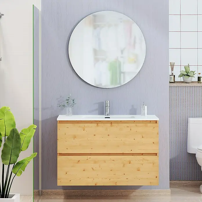 Artysan Conjunto de mueble de baño Kira - Ancho: 100 cm, Pino, 3 pzs. - Interior de baño con un moderno mueble de lavabo de madera clara, un espejo redondo y una planta de interior para un toque natural.