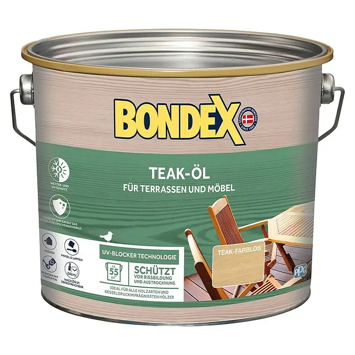 Bondex Teak-Öl - 2,5 l, Farblos - Bild einer Dose Bondex Teak-Öl für Terrassen und Möbel, schützt vor Witterungseinflüssen und UV-Strahlung, ideal für alle Holzarten.