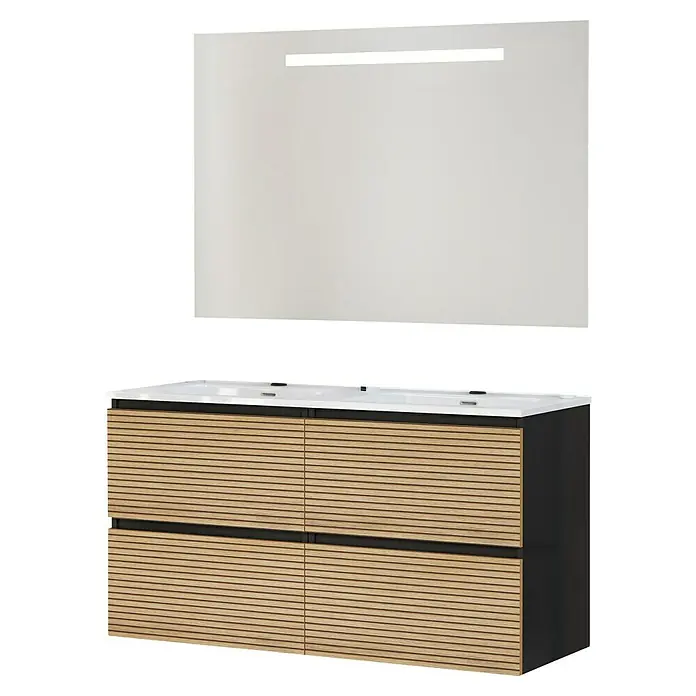Artysan Conjunto de mueble de baño Osaka - Ancho: 120 cm, Negro/Nogal, 3 pzs. - Un mueble de baño con frentes de madera y un gran espejo encima. El mueble tiene cajones y una encimera blanca con lavabos.