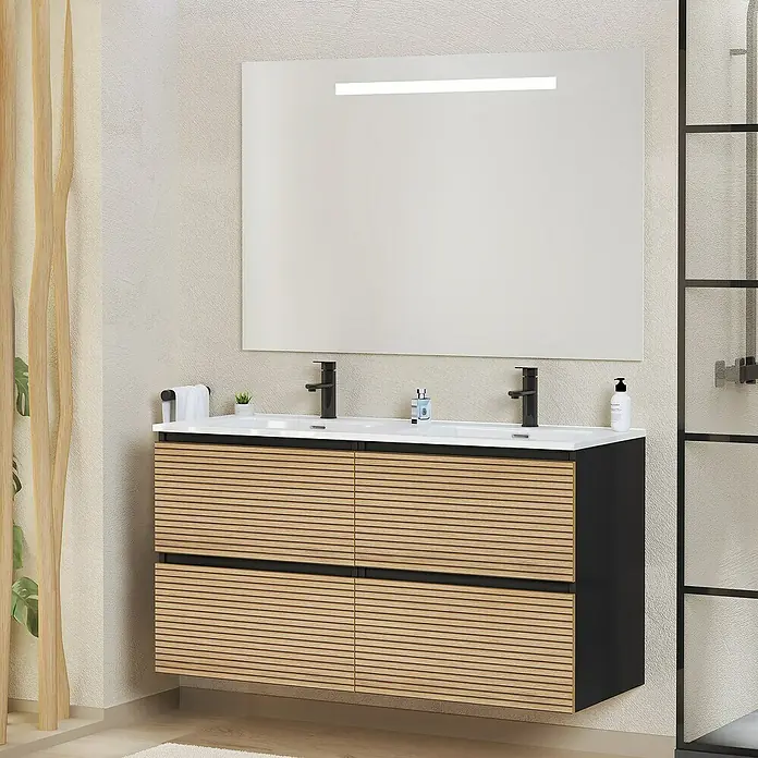 Artysan Conjunto de mueble de baño Osaka - Ancho: 120 cm, Negro/Nogal, 3 pzs. - Elegante mueble de baño con frente de listones de madera y amplio espejo con iluminación para un diseño de baño moderno.