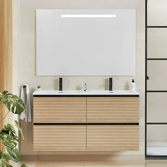 Artysan Conjunto de mueble de baño Osaka - Ancho: 120 cm, Negro/Nogal, 3 pzs. - Un elegante mueble de baño con frente de listones de madera y un gran espejo con iluminación integrada, creando un ambiente moderno y natural.