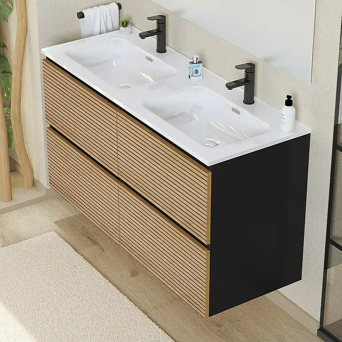 Artysan Conjunto de mueble de baño Osaka - Ancho: 120 cm, Negro/Nogal, 3 pzs. - Mueble de lavabo doble moderno con cajones de imitación madera y detalles en negro para un baño elegante.