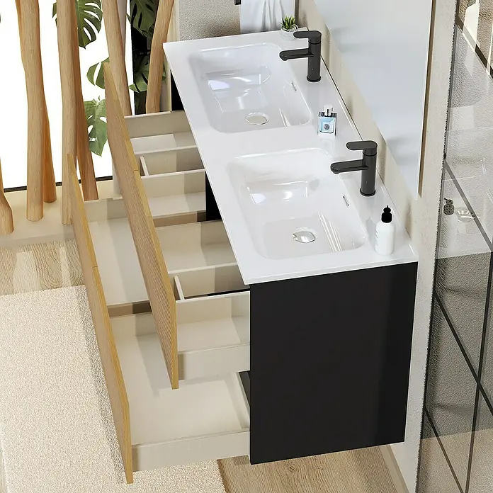 Artysan Conjunto de mueble de baño Osaka - Ancho: 120 cm, Negro/Nogal, 3 pzs. - Tocador doble con elemento de cajón abierto. El lavabo es blanco, el tocador es negro y los cajones son claros.