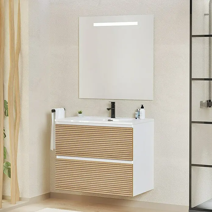 Artysan Conjunto de mueble de baño Osaka - Ancho: 80 cm, Blanco/Nogal, 3 pzs. - Elegante mueble de baño con frontal de madera y estructura blanca. El espejo a juego con iluminación completa el diseño moderno.