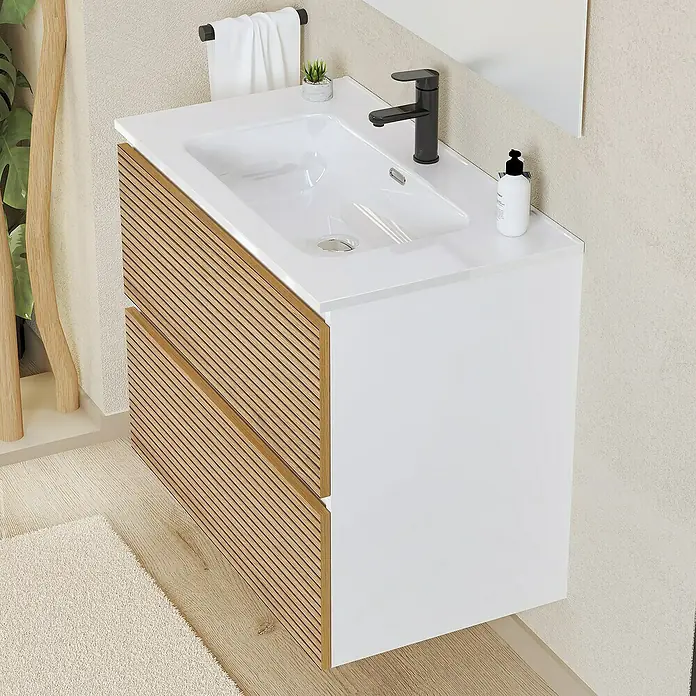 Artysan Conjunto de mueble de baño Osaka - Ancho: 80 cm, Blanco/Nogal, 3 pzs. - Un moderno mueble de lavabo con cajones de madera y acabado blanco, perfecto para baños con estilo. Cuenta con diseño elegante y funcionalidad práctica.