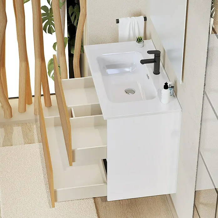 Artysan Conjunto de mueble de baño Osaka - Ancho: 80 cm, Blanco/Nogal, 3 pzs. - Imagen de un moderno tocador con sistema de cajones abiertos y un diseño elegante, ideal para baños contemporáneos.