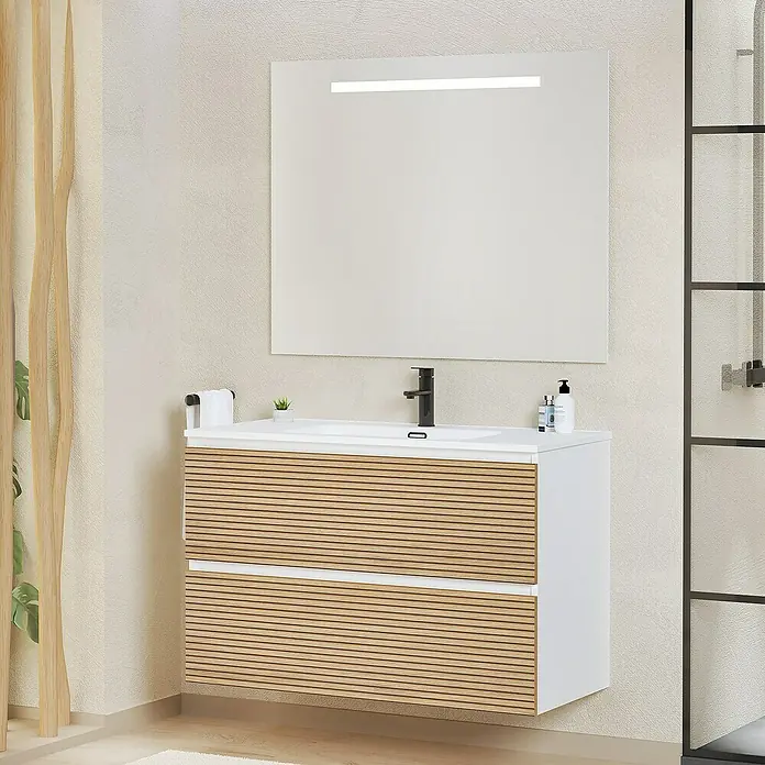 Artysan Conjunto de mueble de baño Osaka - Ancho: 100 cm, Blanco/Nogal, 3 pzs. - Mueble de baño moderno con frente de listones de madera y espejo rectangular con iluminación integrada.