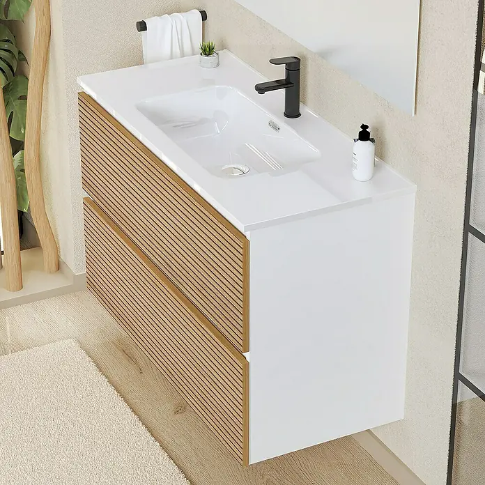 Artysan Conjunto de mueble de baño Osaka - Ancho: 100 cm, Blanco/Nogal, 3 pzs. - Un mueble de baño con dos cajones con aspecto de madera y una encimera blanca, completo con grifo y dispensador de jabón.