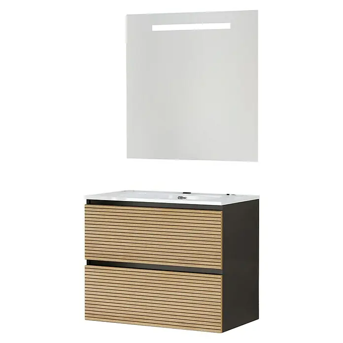 Artysan Conjunto de mueble de baño Osaka - Ancho: 80 cm, Negro/Nogal, 3 pzs. - Mueble de baño moderno con frentes de listones de madera clara, marco negro y un espejo grande con iluminación integrada.