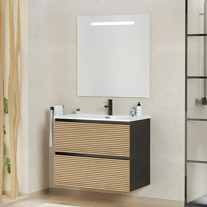 Artysan Conjunto de mueble de baño Osaka - Ancho: 80 cm, Negro/Nogal, 3 pzs. - Elegante lavabo de baño con textura de madera y espejo moderno. Este diseño elegante aporta un toque de lujo a cualquier baño.